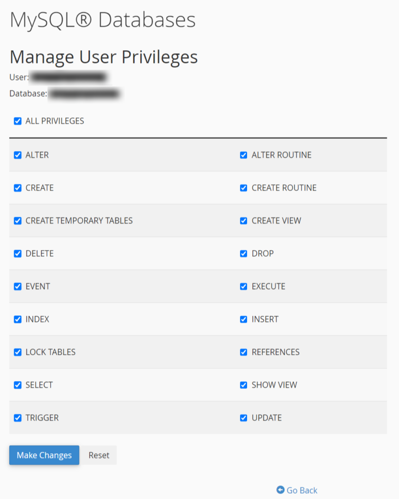 Bluehost DB Priviliges